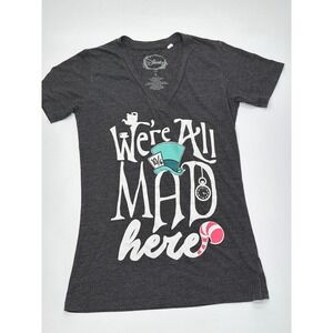 Disney Alice in Wonderland Were All Mad Here Graphic V-Neck T-Shirt Gray Large